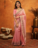 Light Pink Silk Woven Embroidery Stone Work Banarasi Saree