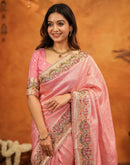 Light Pink Silk Woven Embroidery Stone Work Banarasi Saree