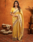 Light Yellow Silk Woven Embroidery Stone Work Banarasi Saree