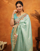 Turquoise Blue Silk Woven Embroidery Stone Work Banarasi Saree