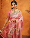 Light Pink Silk Woven Embroidery Stone Work Banarasi Saree
