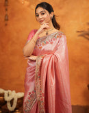 Light Pink Silk Woven Embroidery Stone Work Banarasi Saree