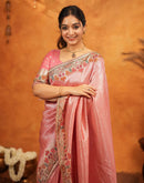 Light Pink Silk Woven Embroidery Stone Work Banarasi Saree
