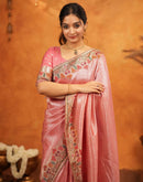 Light Pink Silk Woven Embroidery Stone Work Banarasi Saree