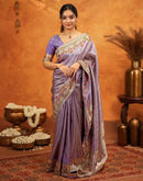 Dark Mauve Silk Woven Embroidery Stone Work Banarasi Saree