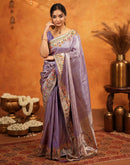 Dark Mauve Silk Woven Embroidery Stone Work Banarasi Saree