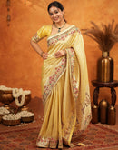 Light Yellow Silk Woven Embroidery Stone Work Banarasi Saree