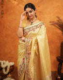 Light Yellow Silk Woven Embroidery Stone Work Banarasi Saree