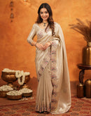 Beige Silk Woven Embroidery Stone Work Banarasi Saree