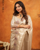 Beige Silk Woven Embroidery Stone Work Banarasi Saree