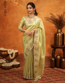 Pista Green Silk Woven Embroidery Stone Work Banarasi Saree