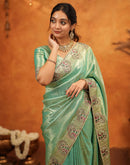 Mint Green Silk Woven Embroidery Stone Work Banarasi Saree