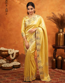 Yellow Silk Woven Embroidery Stone Work Banarasi Saree