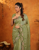Pista Green Shimmer Silk Stone Work Embroidery Saree