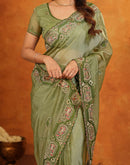 Pista Green Shimmer Silk Stone Work Embroidery Saree