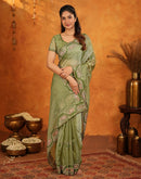 Pista Green Shimmer Silk Stone Work Embroidery Saree