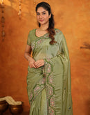 Pista Green Shimmer Silk Stone Work Embroidery Saree