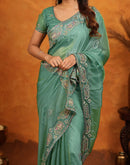 Teal Green Shimmer Silk Stone Work Embroidery Saree