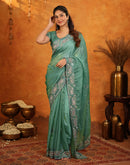 Teal Green Shimmer Silk Stone Work Embroidery Saree
