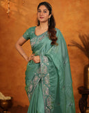 Teal Green Shimmer Silk Stone Work Embroidery Saree