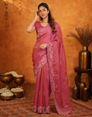 Coral Pink Shimmer Silk Stone Work Embroidery Saree