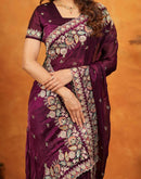 Wine Tissue Silk Stone Work Embroidery Saree