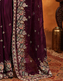 Wine Tissue Silk Stone Work Embroidery Saree