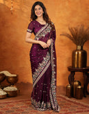 Wine Tissue Silk Stone Work Embroidery Saree
