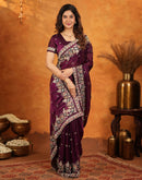 Wine Tissue Silk Stone Work Embroidery Saree