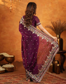 Wine Tissue Silk Stone Work Embroidery Saree