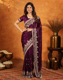 Wine Tissue Silk Stone Work Embroidery Saree