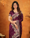 Wine Tissue Silk Stone Work Embroidery Saree