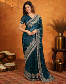 Peacock Blue Tissue Silk Stone Work Embroidery Saree
