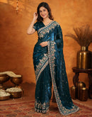 Peacock Blue Tissue Silk Stone Work Embroidery Saree
