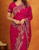 Red Tissue Silk Stone Work Embroidery Saree
