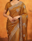 Dark Mustard Vichitra Silk Stone Work Embroidery Saree