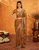 Dark Mustard Vichitra Silk Stone Work Embroidery Saree