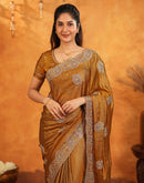 Dark Mustard Vichitra Silk Stone Work Embroidery Saree