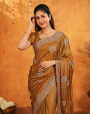 Dark Mustard Vichitra Silk Stone Work Embroidery Saree