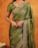 Mehandi Green Vichitra Silk Stone Work Embroidery Saree