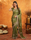 Mehandi Green Vichitra Silk Stone Work Embroidery Saree
