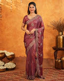 Dark Rose Pink Vichitra Silk Stone Work Embroidery Saree