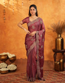 Dark Rose Pink Vichitra Silk Stone Work Embroidery Saree