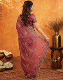 Dark Rose Pink Vichitra Silk Stone Work Embroidery Saree