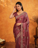 Dark Rose Pink Vichitra Silk Stone Work Embroidery Saree