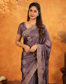 Dusty Purple Vichitra Silk Stone Work Embroidery Saree
