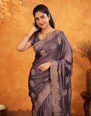 Dusty Purple Vichitra Silk Stone Work Embroidery Saree