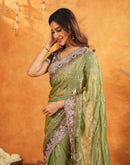 Light Green Tissue Silk Stone Work Embroidery Saree