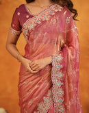 Peach Tissue Silk Stone Work Embroidery Saree