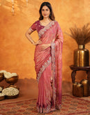 Peach Tissue Silk Stone Work Embroidery Saree